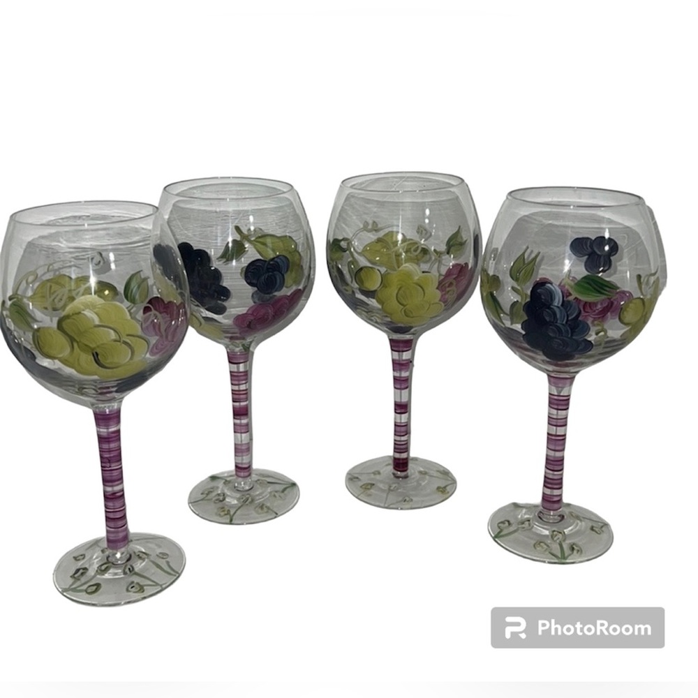 Vintage Set of Four Italian Wine Glasses Stems Hand Painted Art